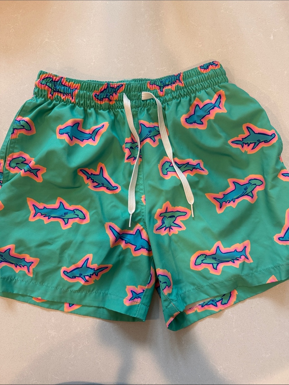 chubbies Green Shark Print Swim Trunks with Pink & Blue Accents